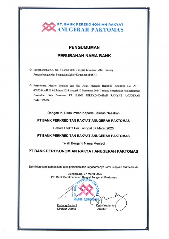 Pengumuman Perubahan Nama Bank